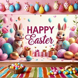 Spring Happy Easter Banner Bunny Backdrop Decoration with Balloons and Eggs for Party Photo Booth Polyester Studio Photo Props