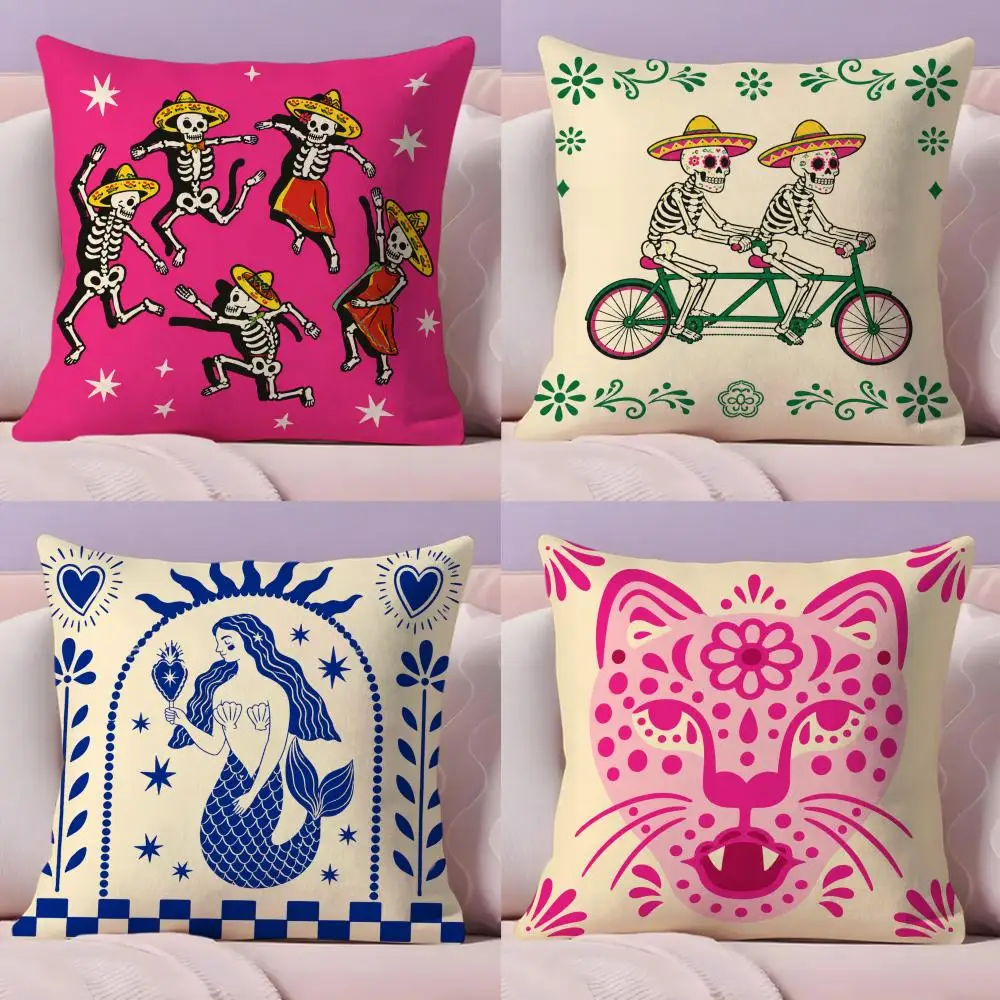 Mexican Folk Art Throw Pillow Cover Day of The Dead Skeleton Mermaid Leopard Pattern Cushion Case Decorative Pillowcase For Sofa