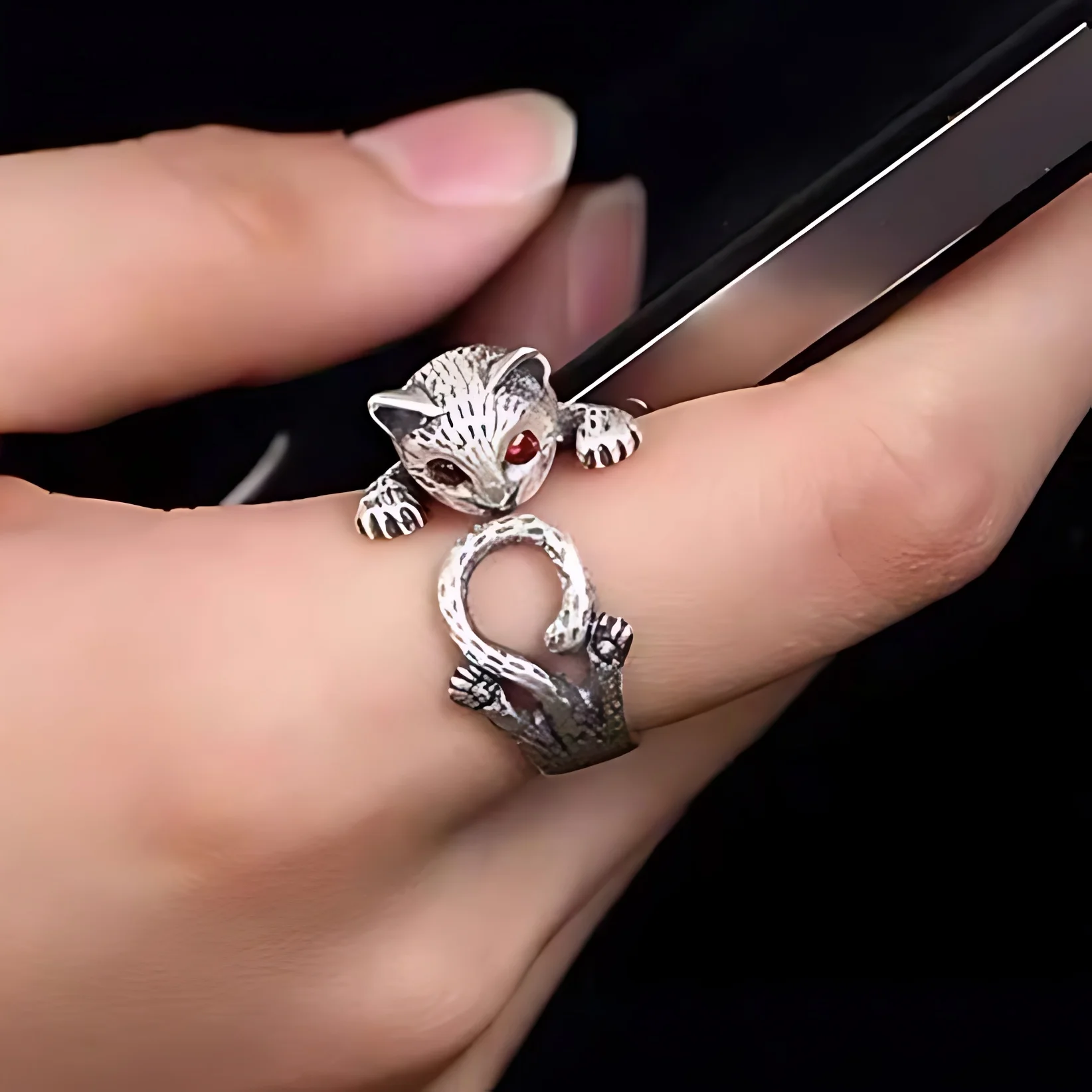 BF CLUB Silver Color Cat Rings for Women Men Fashion Geometric Handmade Irregular Vintage Fine Jelwery Ring Party Christmas Gift view 3