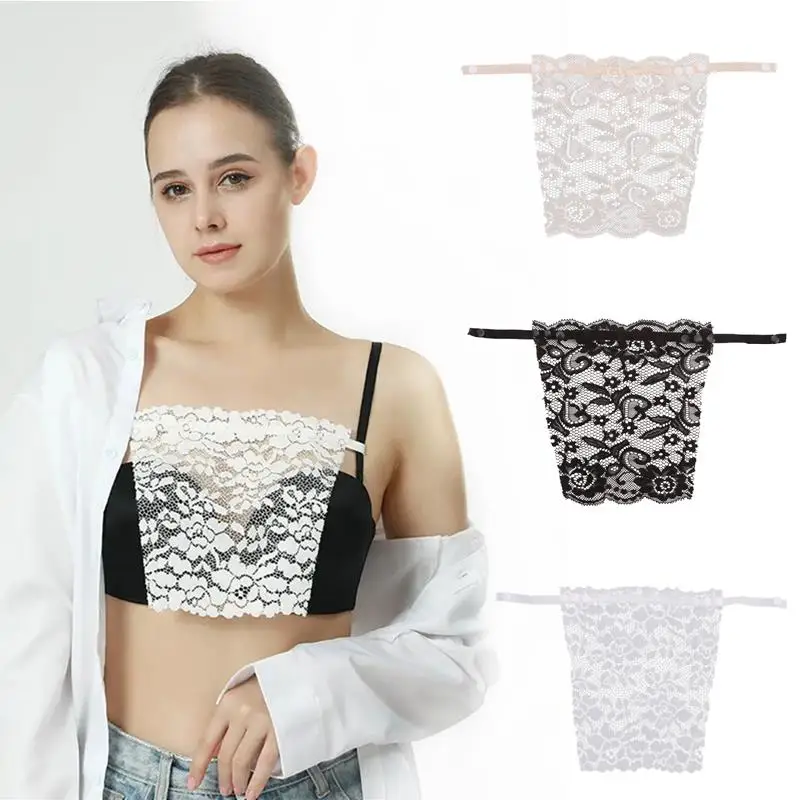 Women Summer Clip-On Floral Leaves Lace Mock Camisole Bra Insert Cleavage Cover Overlay Panel Vest Wrapped Chest Bandeau