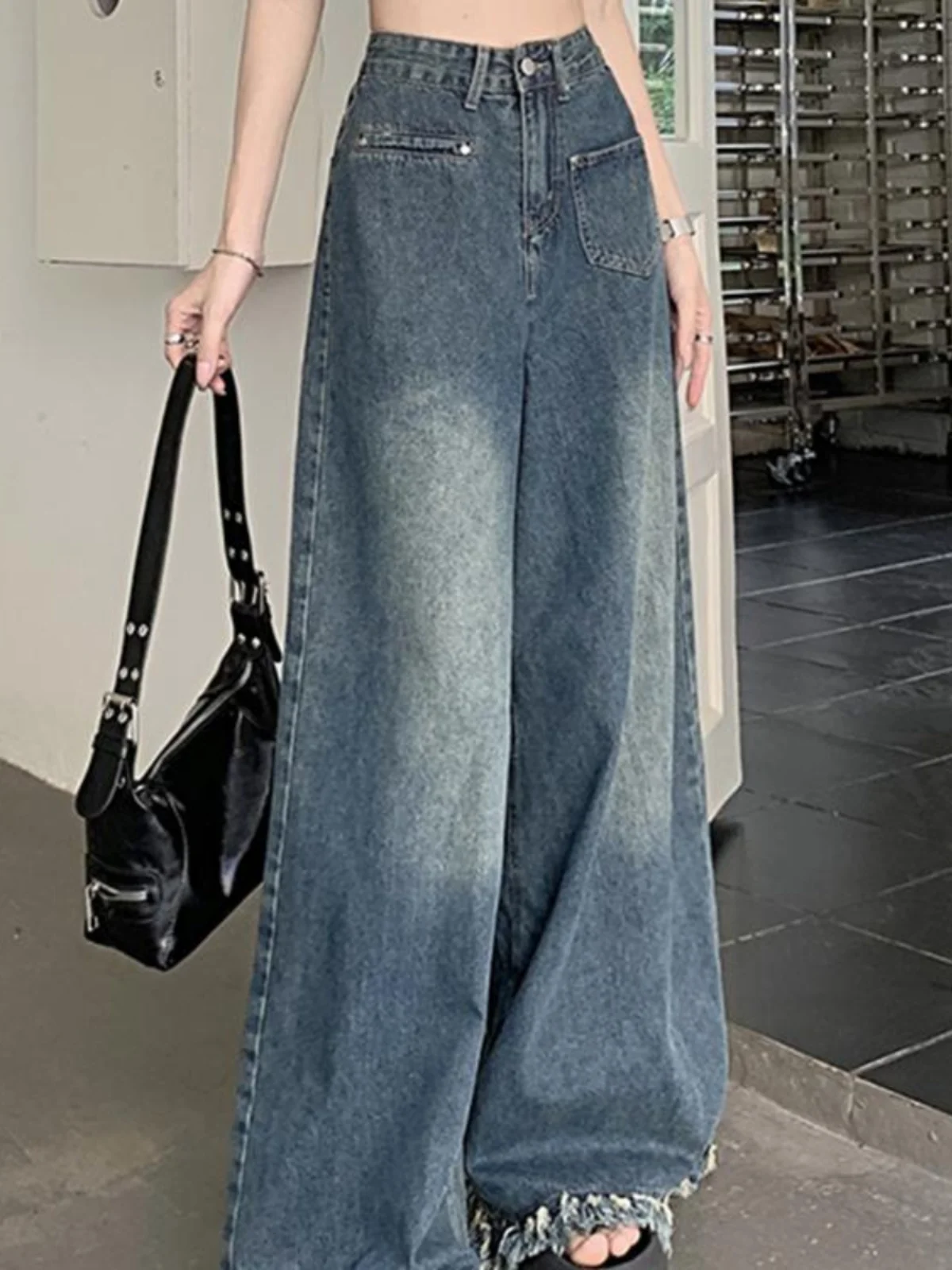 Retro High Waist Wide Leg Jeans Women's New Sle Large Size Slimming Design Sensation Long Pants Dra Sensation Frayed 