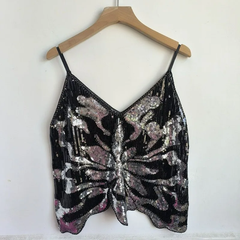 2025 verão novas contas de lantejoulas explosão suspender sem mangas colete exterior usar nicho solto estilo dopamina camis topo