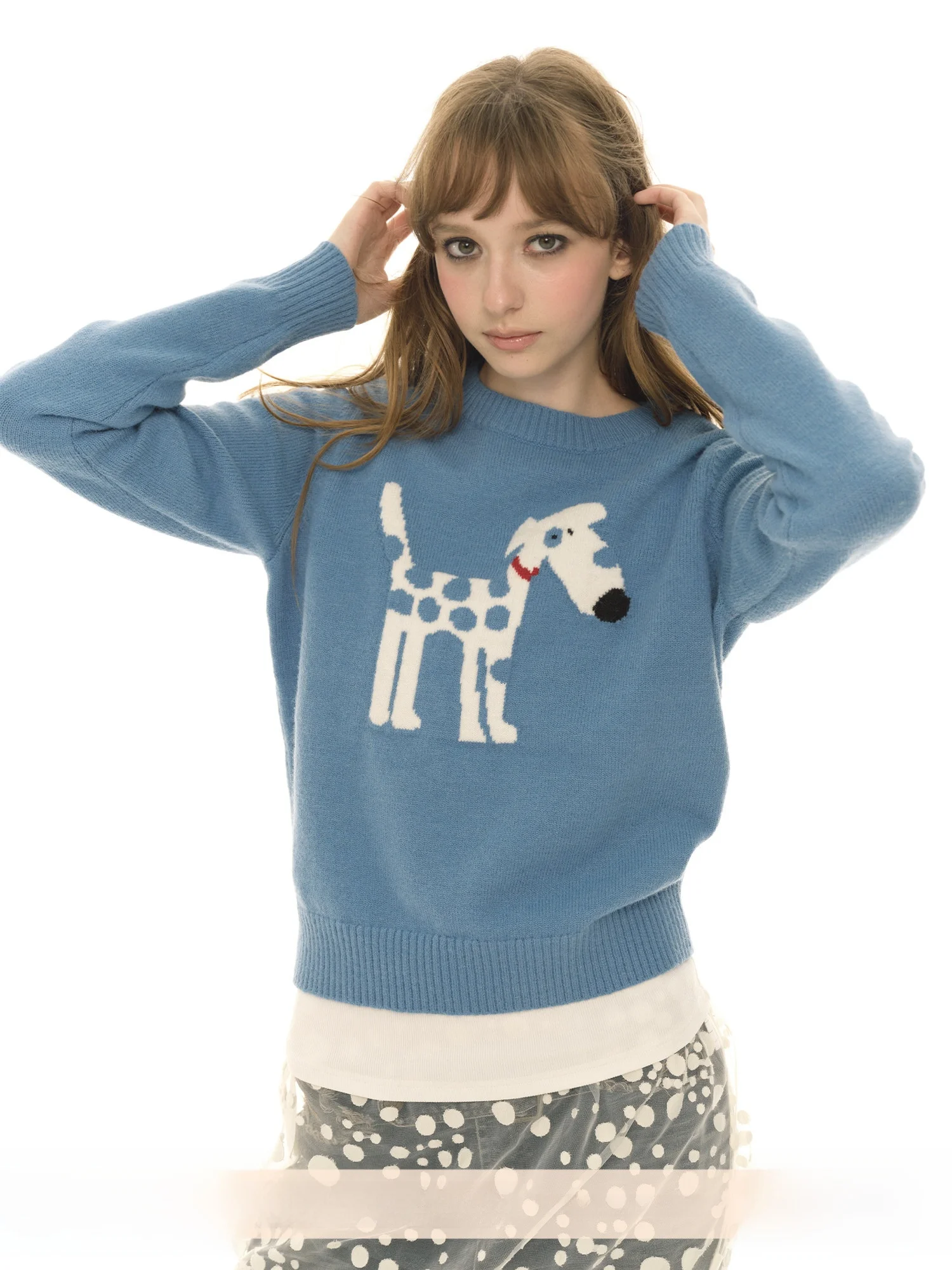 

UNRETRO Cartoon Dog Pattern ort Sve Long Ne round oulder Women's Knitted Sweater Street Sle Autumn Winter Blue Color