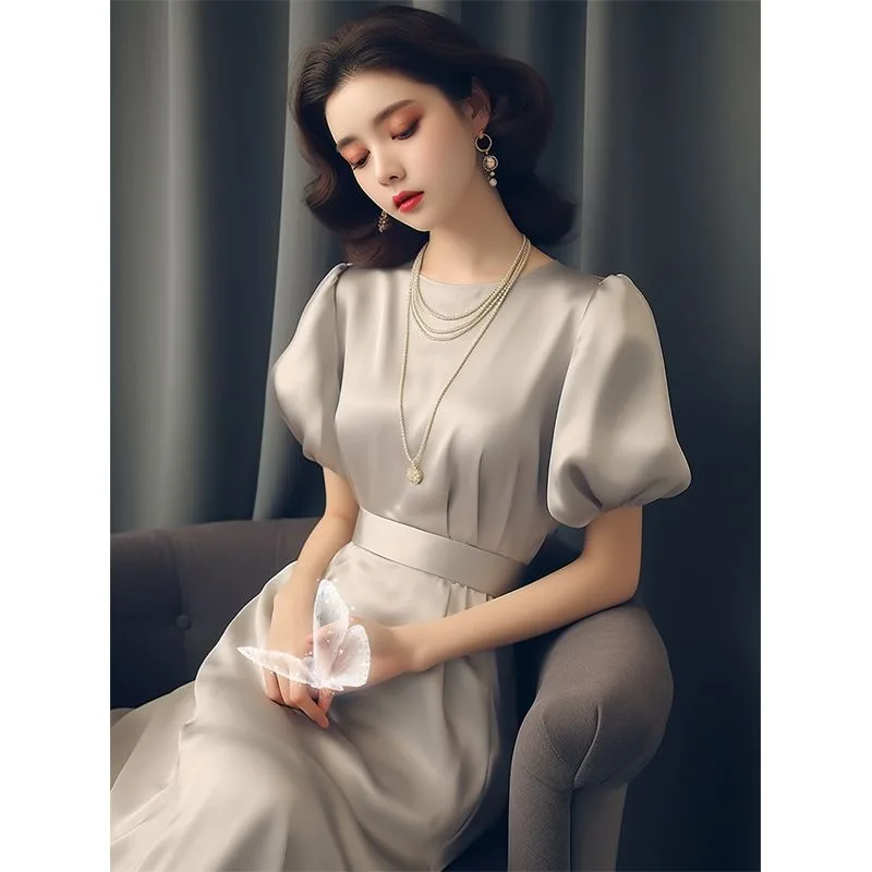 Novo vestido de cetim de luxo francês feminino verão high end elegante cintura fina manga curta o pescoço cor sólida a linha vestidos de festa