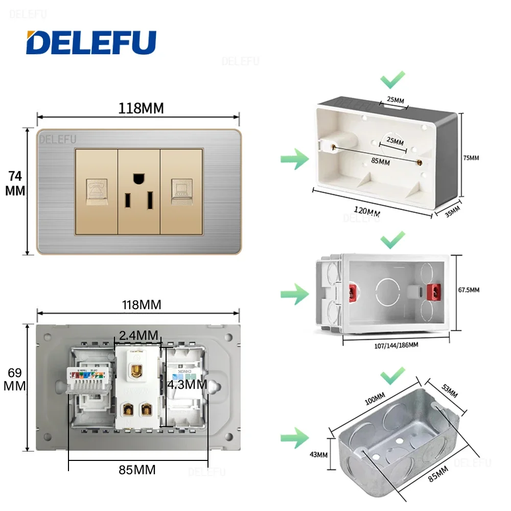 DELEFU Gold function key Stainless steel Gold panel American Standard series 118*74mm wall computer combination socket switch