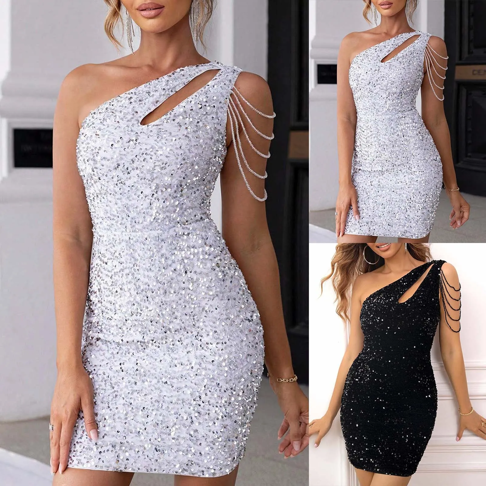 Black Dresses For Women Solid Color One Shoulder Sleeveless Hollow Out Bodycon Dresses For Women Glitter Sparkly Sequin Dress