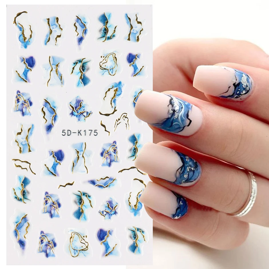 5D Embossed Royalblue Blooming Smoke Nail Art Decoration Sticker Holographic Marble Line Wave Abstract Decals with Texture Tips