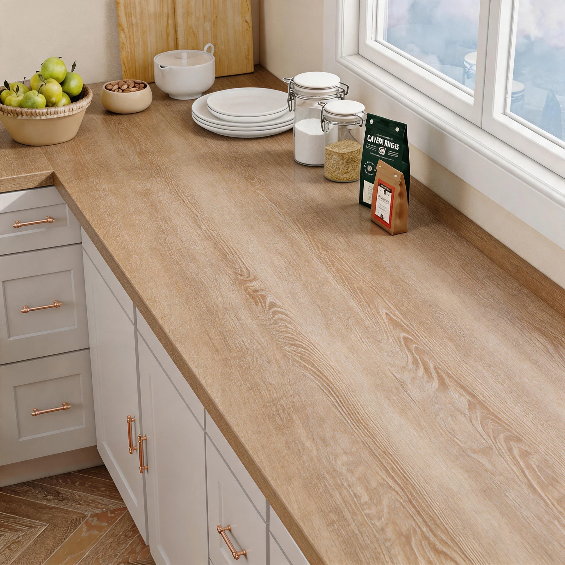 Papel Adhesivo con Diseño de Madera de Roble Claro, Vinilo Removible Impermeable para Encimeras de Cocina, Armarios y Muebles
