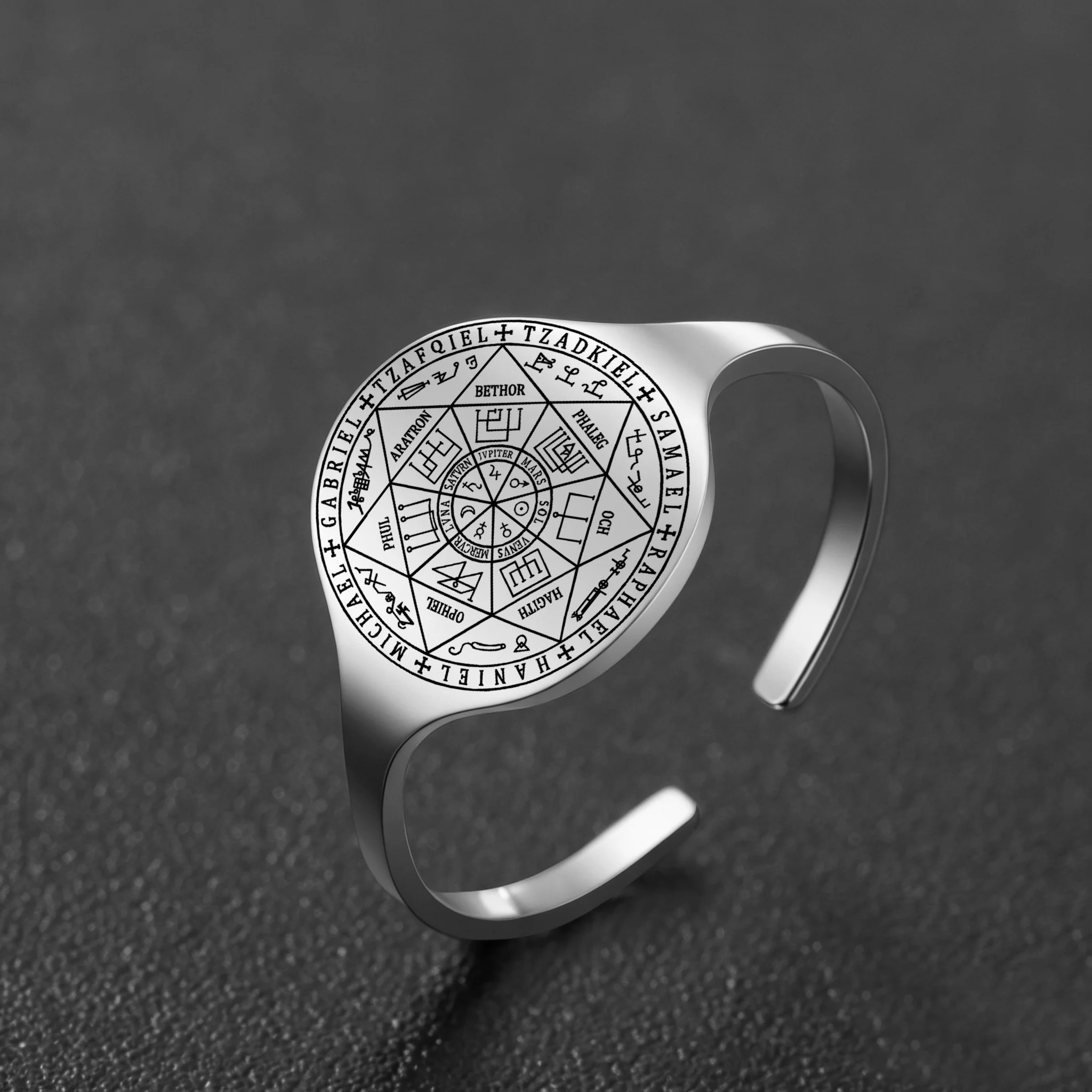 Seven Archangels Seal Adjustable Open Ring Stainless Steel Solomon Talisman Amulet Protection Jewelry for Men Women