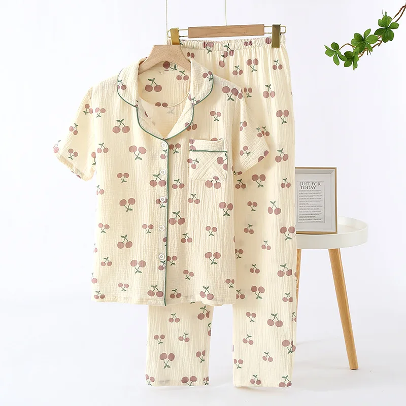 2024 Spring/Summer Women\'s New Pajama Set 100% Cotton Crepe Short Sleeves+Pants Flip Collar Vintage Flower Simple Homewear