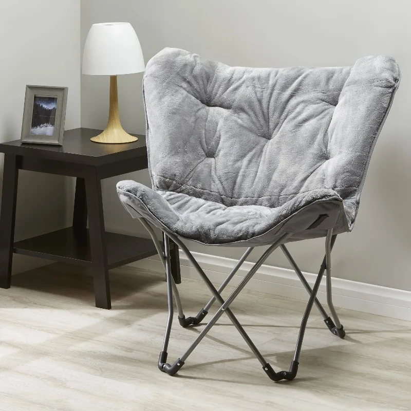 Faux Fur Butterfly Chair for Kids and Teens, Gray,Durable steel frame,Easy to carry,Collapsible for compact storage