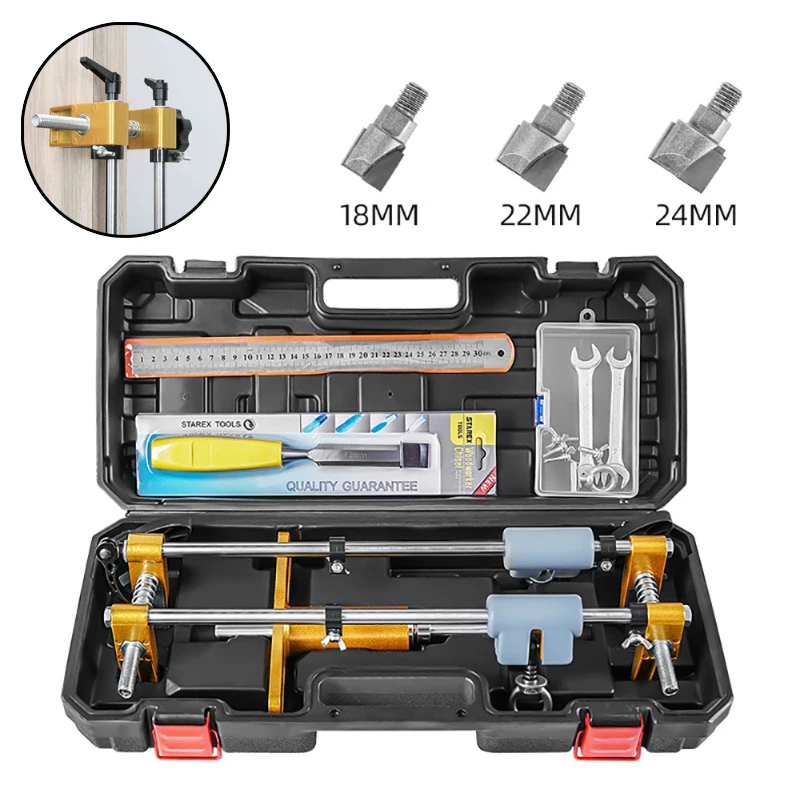 

Lock Hole Opener Kit with 18 22 24mm Tungsten Steel Knife Wooden Doors Lock Mortiser Slotter Jig Key Hole Drilling Guide System