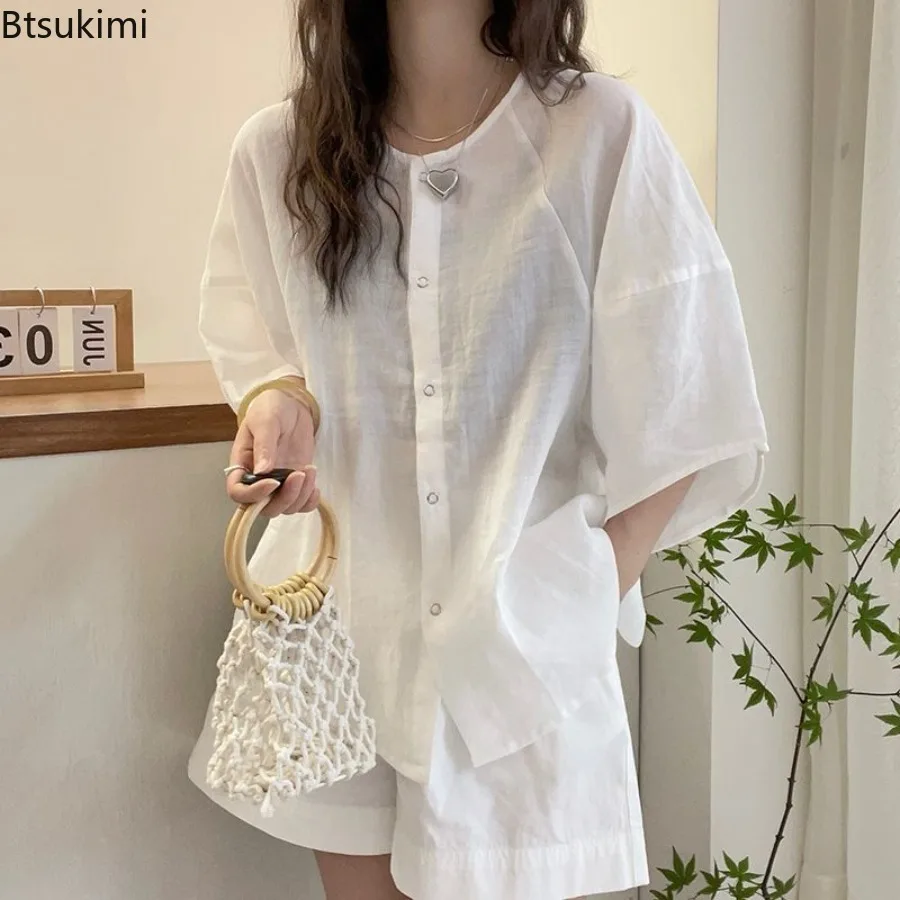 Women Dopamine Shirts Casual Loose Solid Plus Size Tops Holiday Summer Short Sleeve Fashion Blouse Vintage Round Neck Blouse
