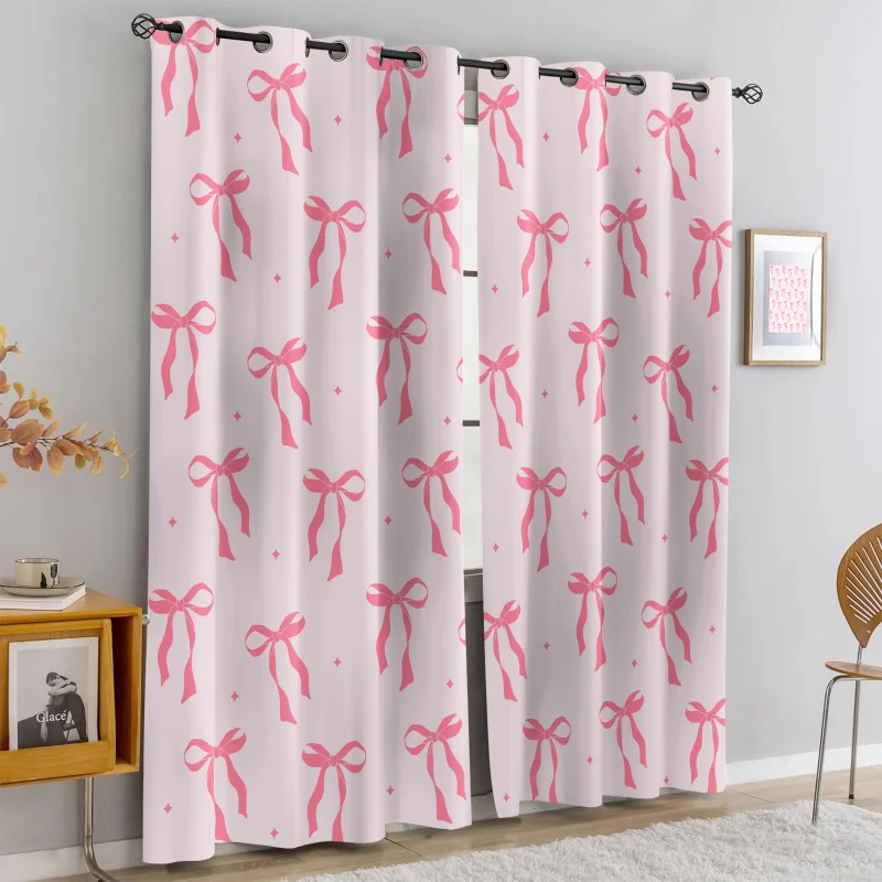 

2Pcs Coquette Pink Bow Star Print Perforated Blackout Curtains, Multi Size Living Room Girls Room Bedroom Insulation Decoration