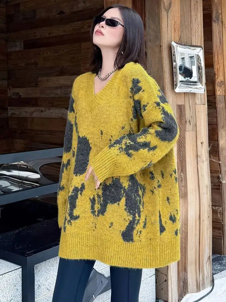 Jacquard Big Yellow Size Knitting Sweater V-Neck Long Sleeve Women Pullovers New Fashion  Spring Autumn 2026 3CU5