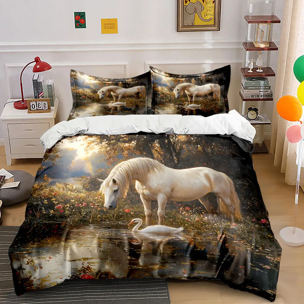 Horse and Swan Meeting in Lake Printed Duvet Cover Set 1 Duvet Cover+2 Pillowcase Multi Size Bedroom Bedding Decor Luxury Gift