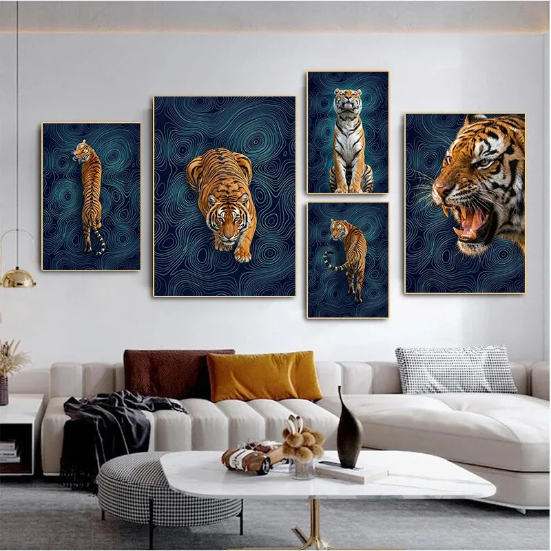 Modern Roaring Tiger Triptych Canvas Print Navy Blue Topographic Contour Abstract Animal Wall Art Living Room Office Decor Gift