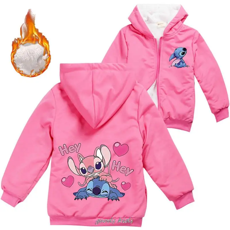 Lilo And Stitch Kids Jackets Boys Winter Thick Coats Warm Fur Outerwear For Youth Girls Hooded Jacket Children\'s Clothes 2-16Y