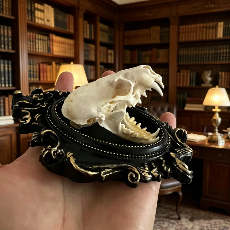 Real Mink Skull Frame Magnet 13×10cm, Gothic Taxidermy Art, Wall-Hangable Oddity Decor