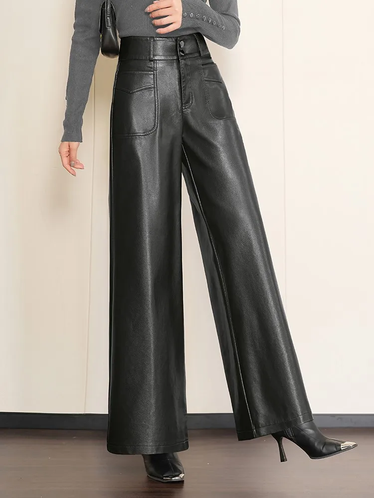 ZUZK High Quality Women PU Leather Wed Leg Long Pants  Autumn Winter Fashion Warm Long Leather Pants Elegant LeatherTrousers