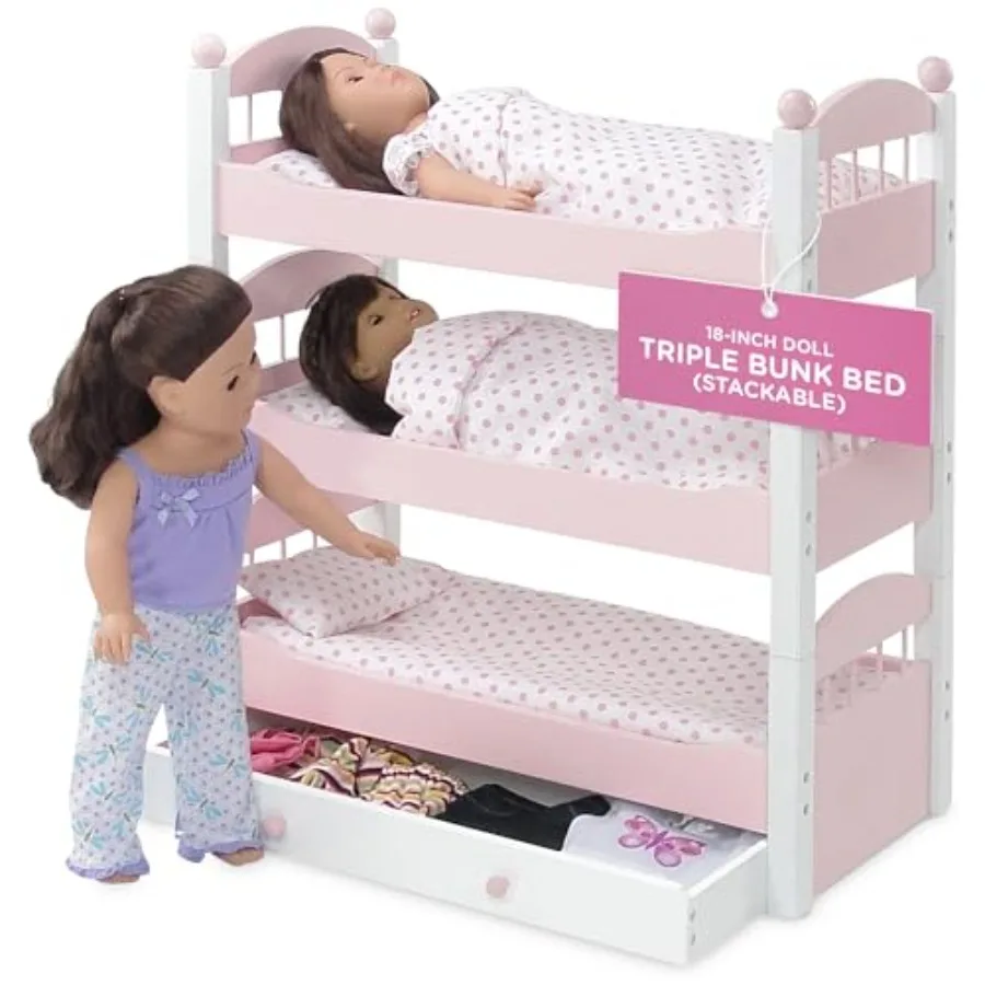 

Emily Rose 18" Doll Triple Bunk Bed Set - 3 Stackable Beds with Bedding Pillow Mattress Blanket and Storage Drawer American Gir