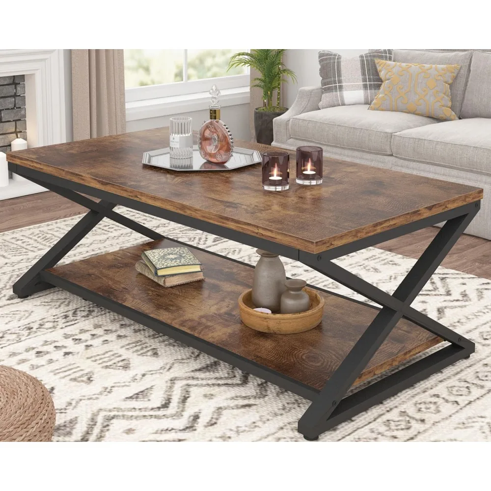

Rustic Coffee Table with Storage Shelf, Industrial Metal Wood Living Room Table, Farmhouse Minimalist Rectangle Center Table