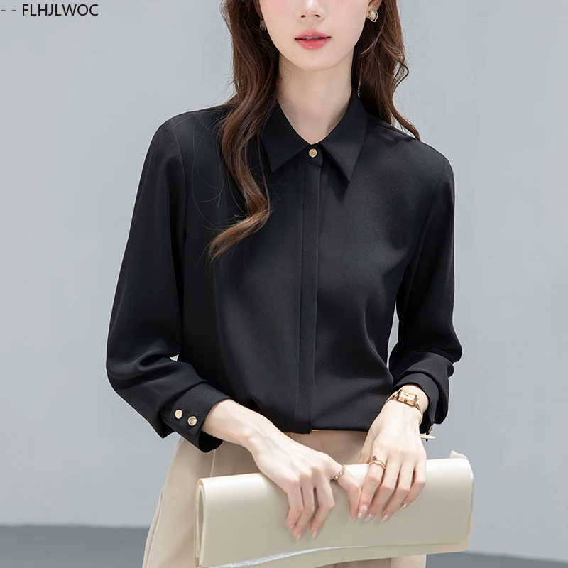 フレンチデザイン白シャツ新 FLHJLWOC ファッション女性秋長袖オフィスレディ黒エレガントな通勤ワークトップスブラウス