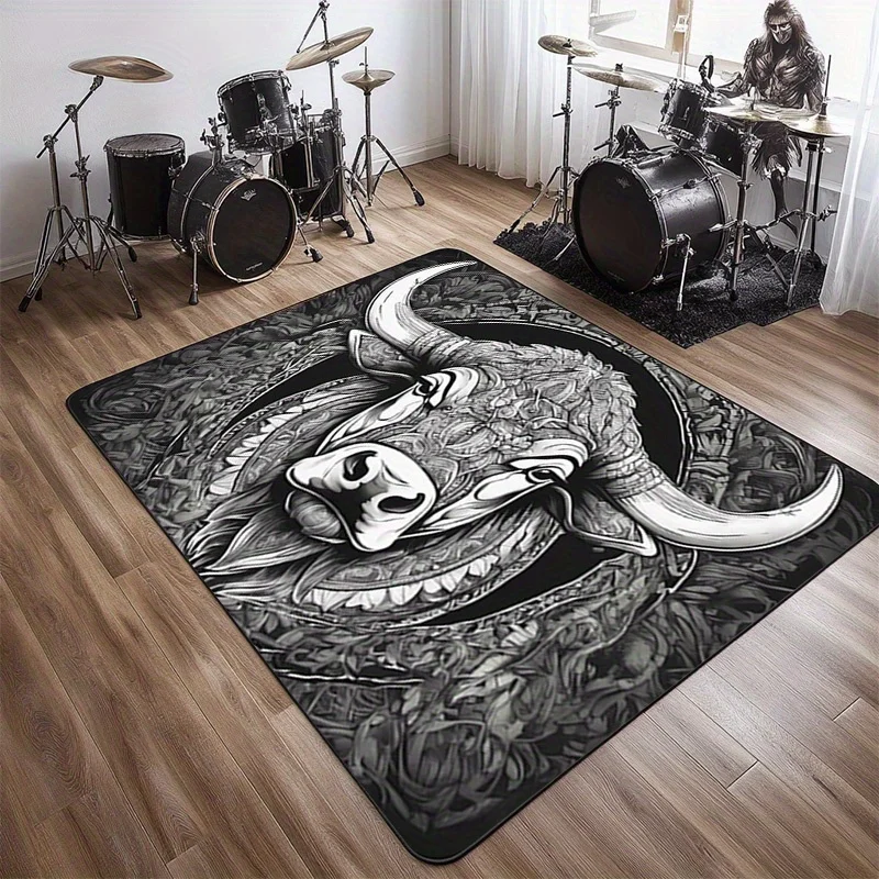 

Artistic Bull Head Trendy Mat Dark Style Trendy Playroom Pattern Printed Non-slip Mat, Drums Blanket, Living Room Office Non-sli