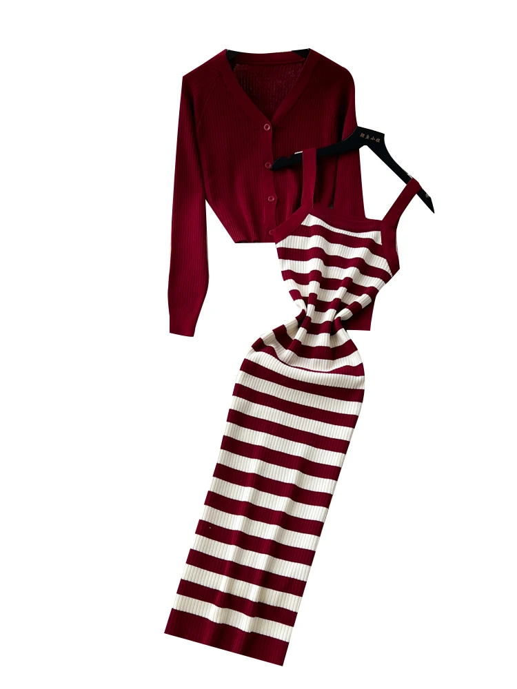 Gestricktes Dr-Set für Damen, lang, Sve, gestreift, Innenbekleidung, Strickjacke, hohe Taille, schmale Passform, Pendeln, Herbst-Faion-Ensemble