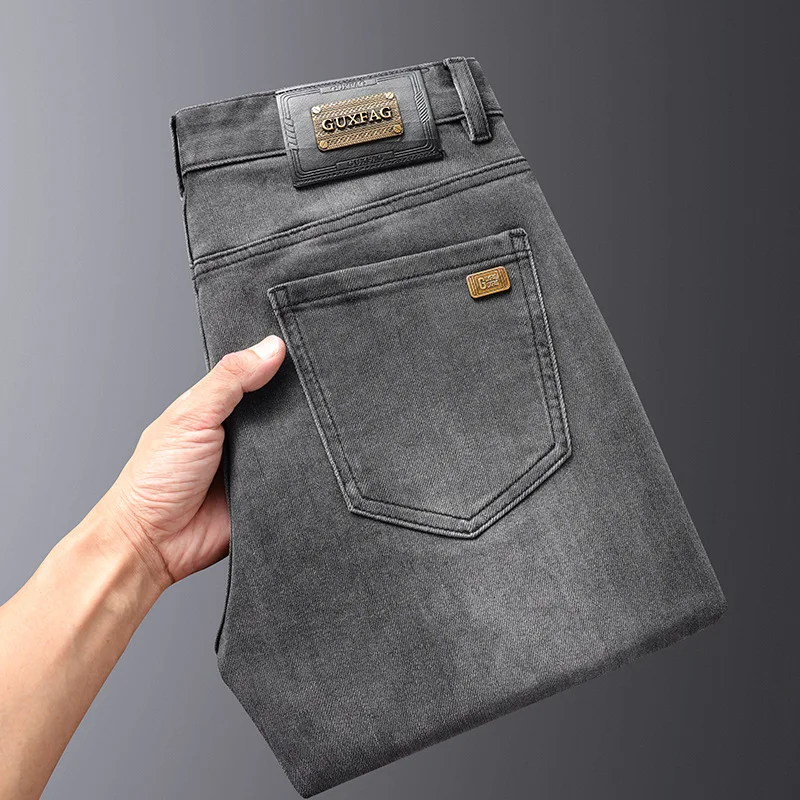 Pantalones vaqueros grises ahumados para hombre, jeans elásticos a juego, ligeros, de lujo, clásicos, sencillos, ajustados, para primavera y otoño, novedad de 2024