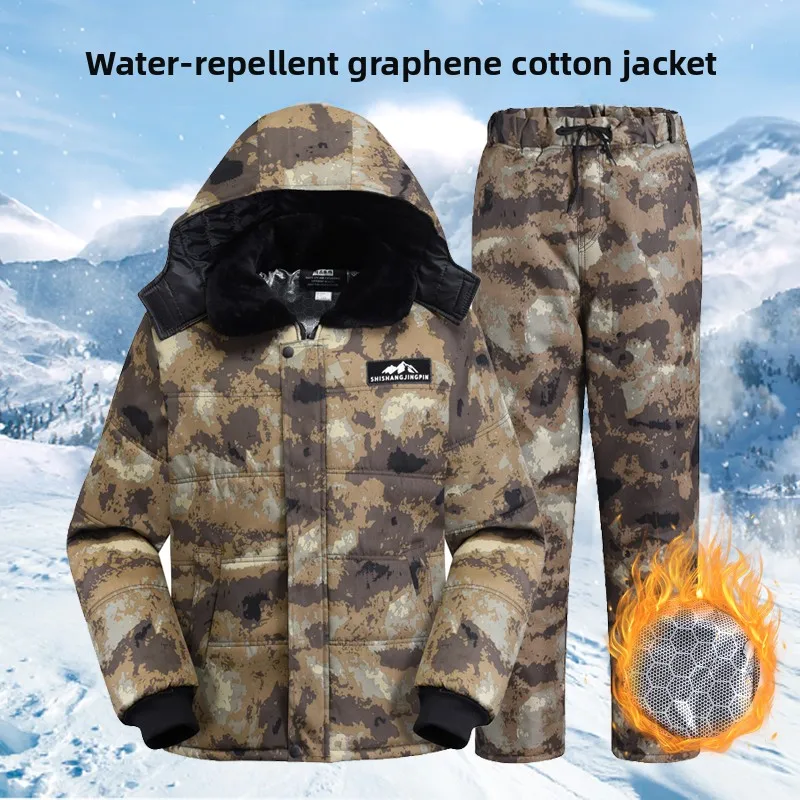 

Men's Camouflage Cotton Jaet And Pants Set Thiened aphene Winter Warmth Waterproof Cold Resistance Long Sve Long Pants
