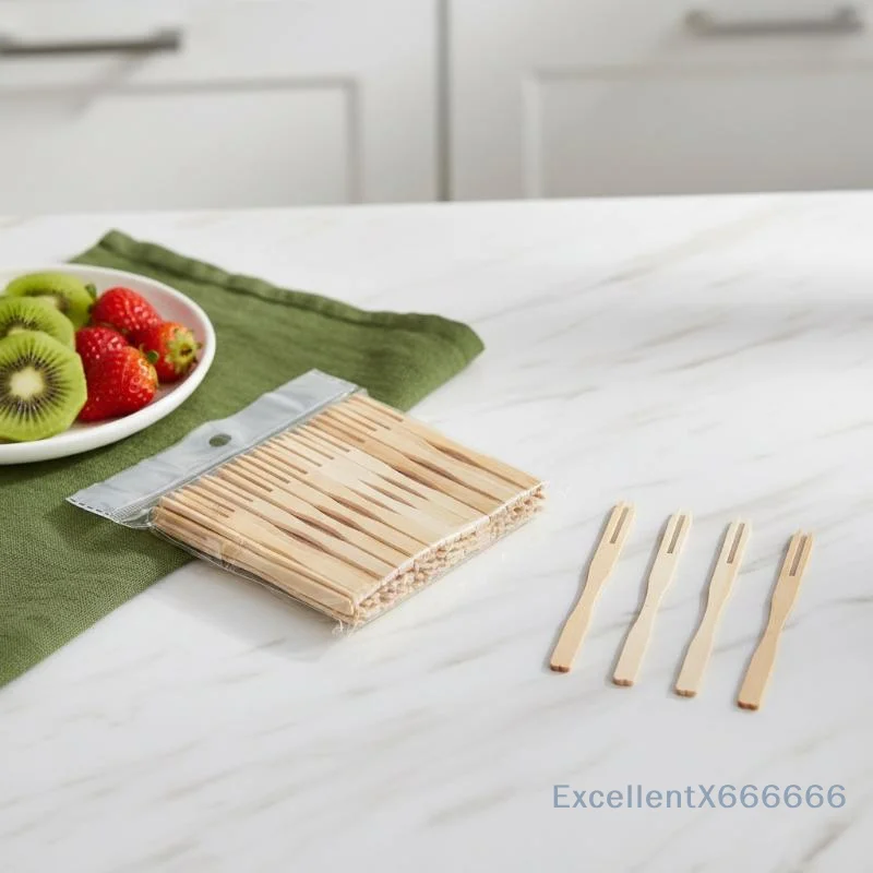 100Pcs Disposable Bamboo Fruit Forks Two Prong Wooden Picks for Afternoon Tea Dessert Snack Home Party Use