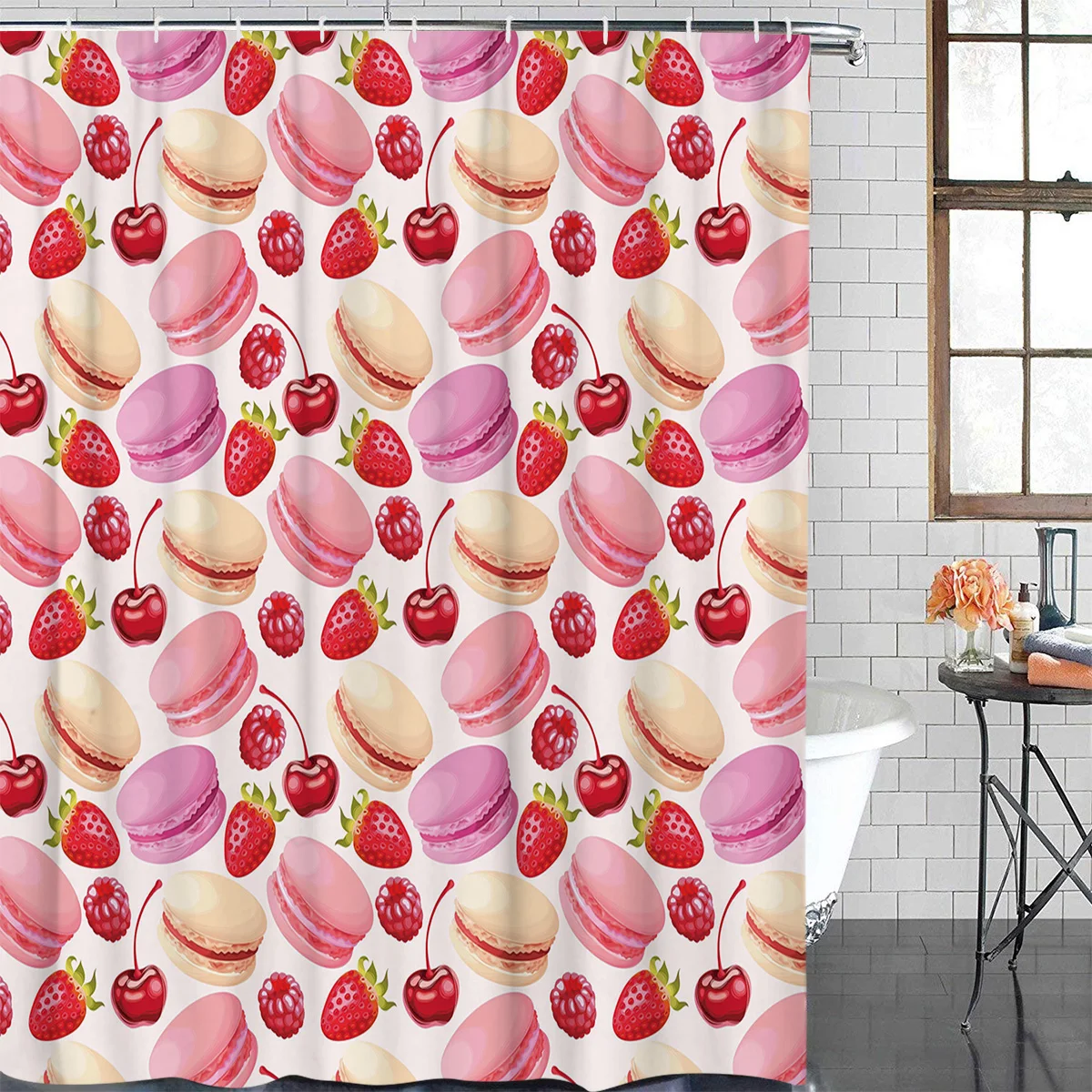 Macarons And Strawberries Waterproof Bathroom Decoration Shower Curtain With Hook Printed Bathtub Curtains Bathroom Accessories