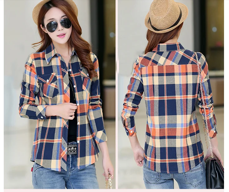 2022 Fashion Plaid Shirt Female College Style Women\'s Blouses Long Sleeve Flannel Shirt Cotton Blusas Office OL Tops