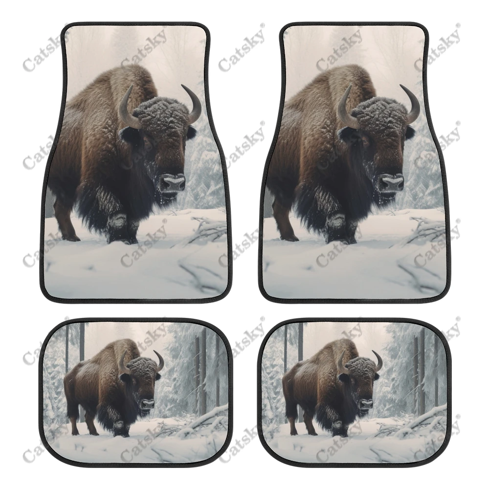 Dense Bison Snow Forest Car Auto Floor Mats Carpet, 4PCS Customized Cars Mat All Weather Automotive Vehicle Pad Stylish