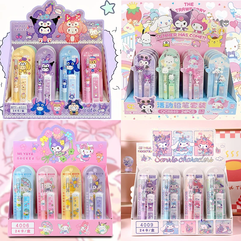 

24pcs Sanrio Hello Kitty Mechanical Pencils Set Pachacco Kuromi Student Stationery Pen Core Automatic Pencil School Supplies