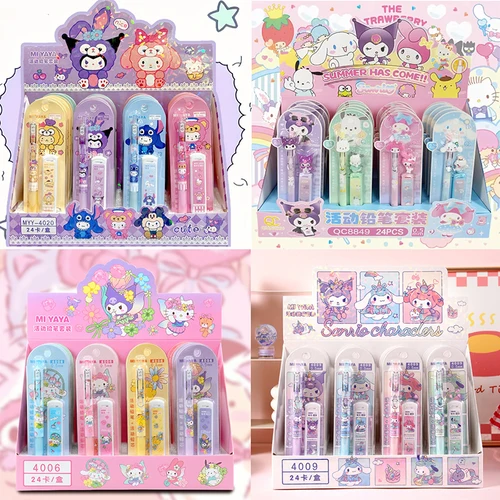 Imagen 1 del producto Juego de lápices mecánicos Sanrio Hello Kitty, 24 Uds., Pachacco Kuromi, papelería para estudiantes, núcleo de bolígrafo, lápiz automático, suministros escolares