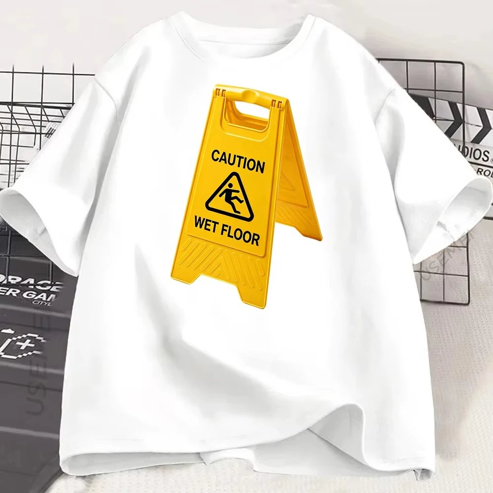 Funny Wet Floor Warning Graphic T-Shirt, Yellow Caution Sign Print Tee, Humorous Streetwear Shirt, Retro Meme Style Tshirt