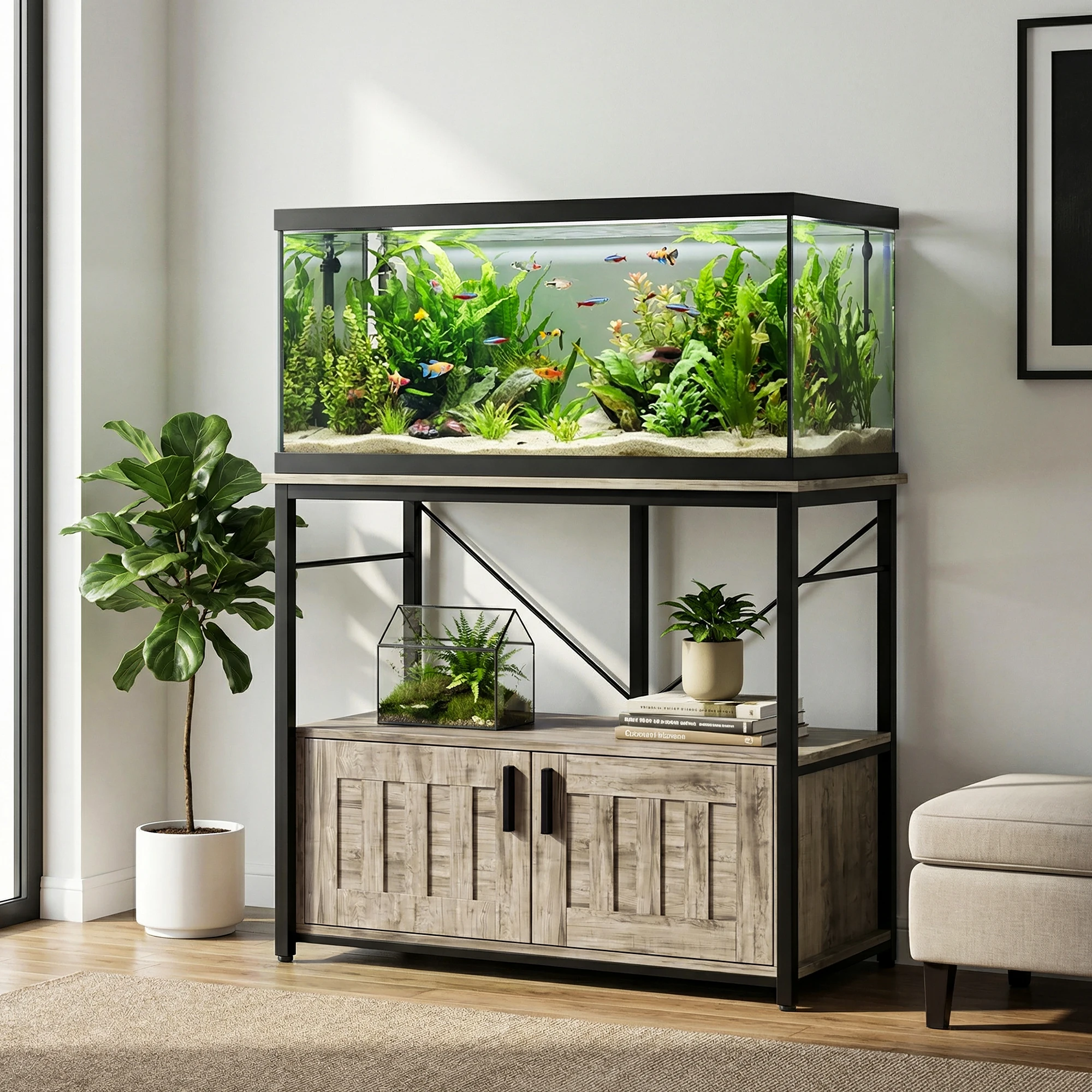 Supporto per acquario da 40–50 galloni, struttura in metallo robusta e resistente con vano portaoggetti, capacità di carico elevata di 660 libbre, mobiletto sottostante per acquario, robusto e