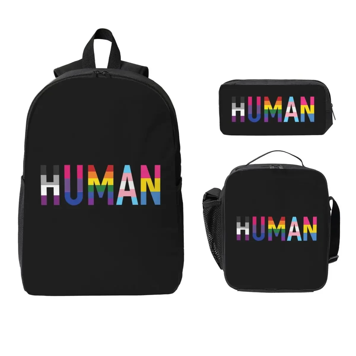 Human Various Queer Flags Backpack Student BookBag School Bag Laptop Shoulder Bags 3ps Insulated Lunch Bag Pencil Case
