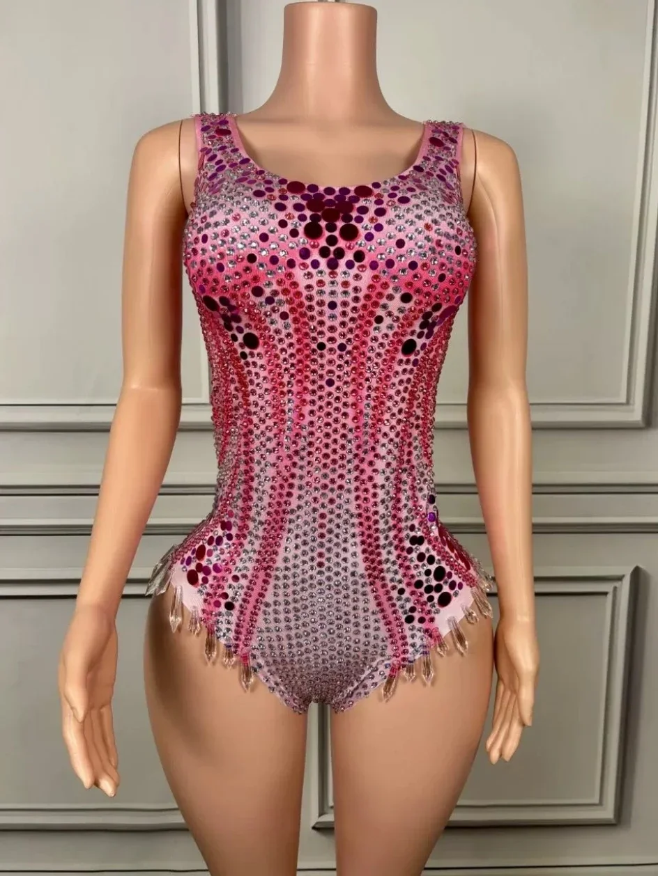 Knipperende Pailletten Diamanten Crytrals Roze Sexy Bodysuit Avondfeest Optreden Kostuum Bar Nachtclub Zangeres Podiumkleding