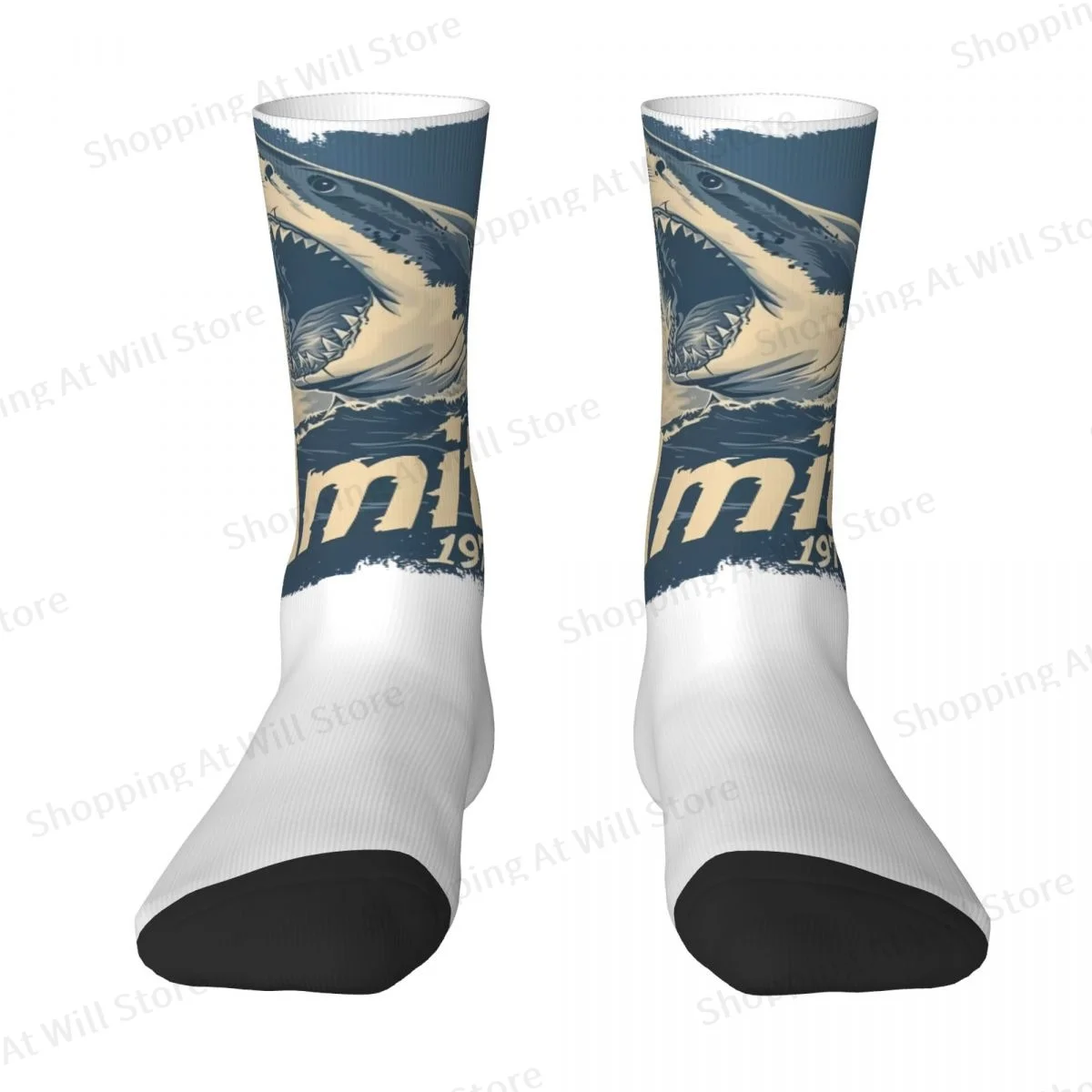 Amity BAY ถุงเท้าสำหรับทุกเพศ, ถุงเท้าฉลามจู่โจม1975ถุงเท้าพิมพ์ลายสนุกถุงเท้าสไตล์สตรีทถุงเท้าบ้า