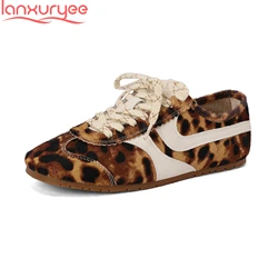 Lanxuryee Horsehair Lace Up Flat With Spring Winter Casual Shoes Leopard Brand Classics Sneakers Luxury Women Vulcanized Shoes