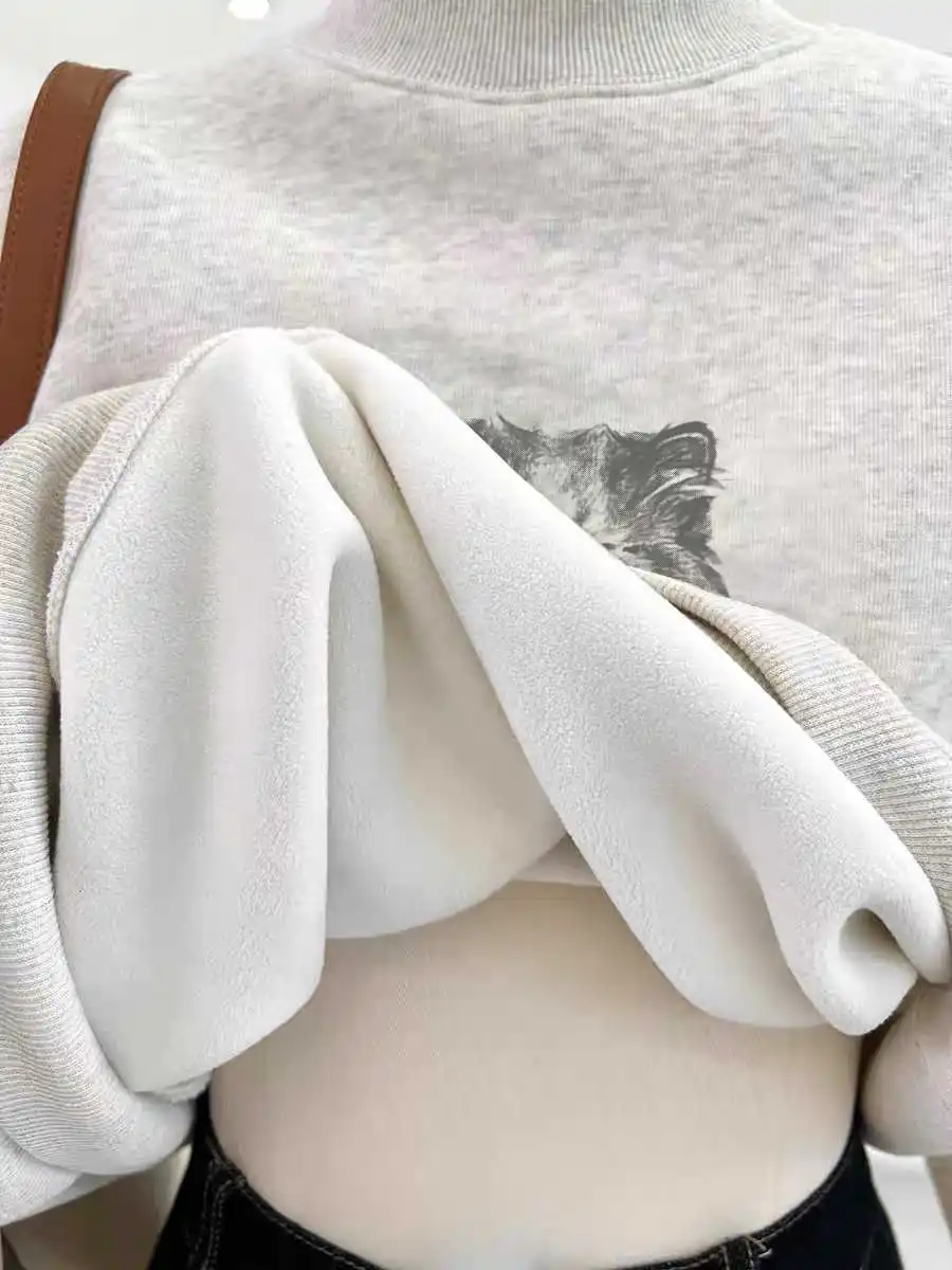 

Женская толстовка с полувысоким воротником, повседневный свободный топ с длинными рукавами, милый кот с буквенным принтом, весна-осень, новый бархатный пуловер