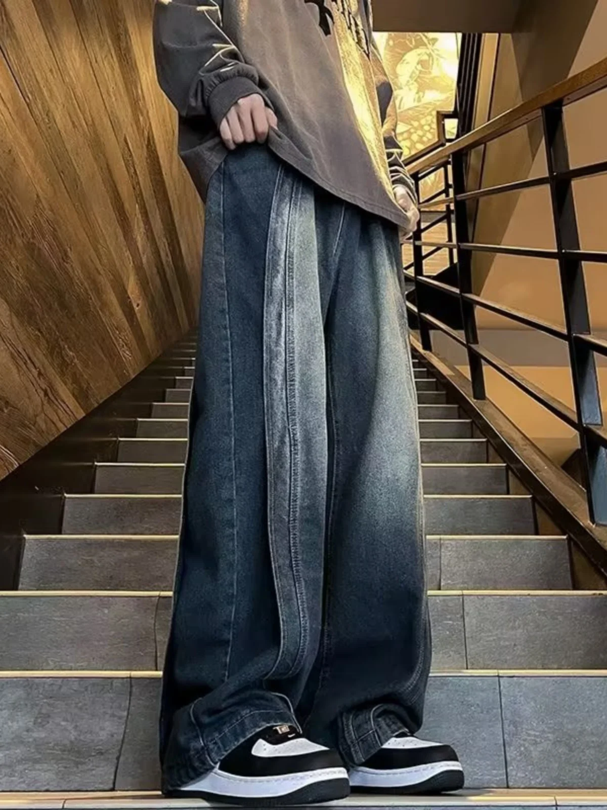 

Retro American High Street Waed Wide Leg Loose Fit Jeans for Men Autumn Faionable Youth Casual Straight Leg Trousers