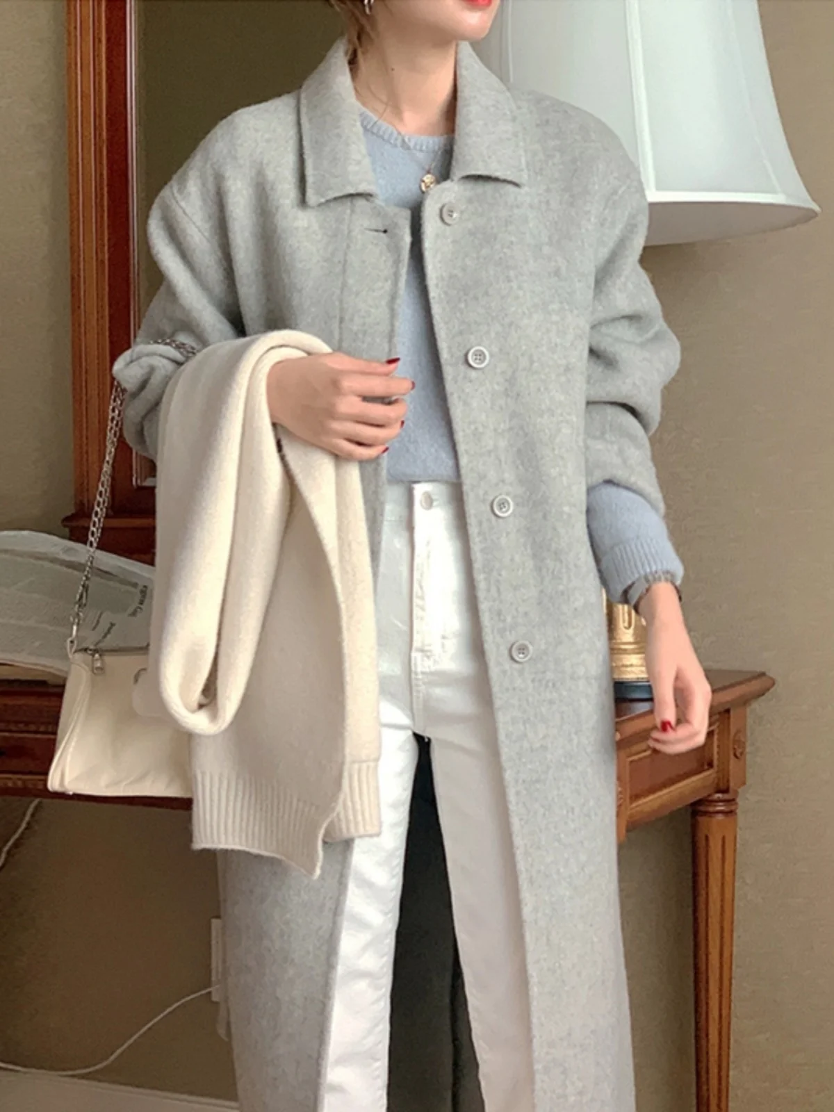 

Женская твидовая куртка с лацканами, осень-зима, однотонное простое длинное пальто, корейские повседневные модные теплые однобортные куртки