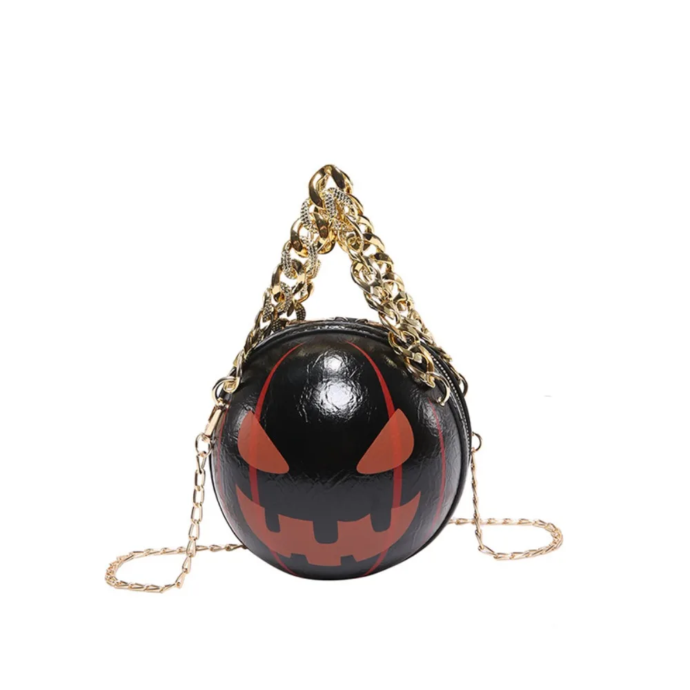 Personalized PU Leather Pumpkin Round Bag 3D Alloy Halloween Ball Bag Solid Color Waterproof Ghost Chain Handbag Women