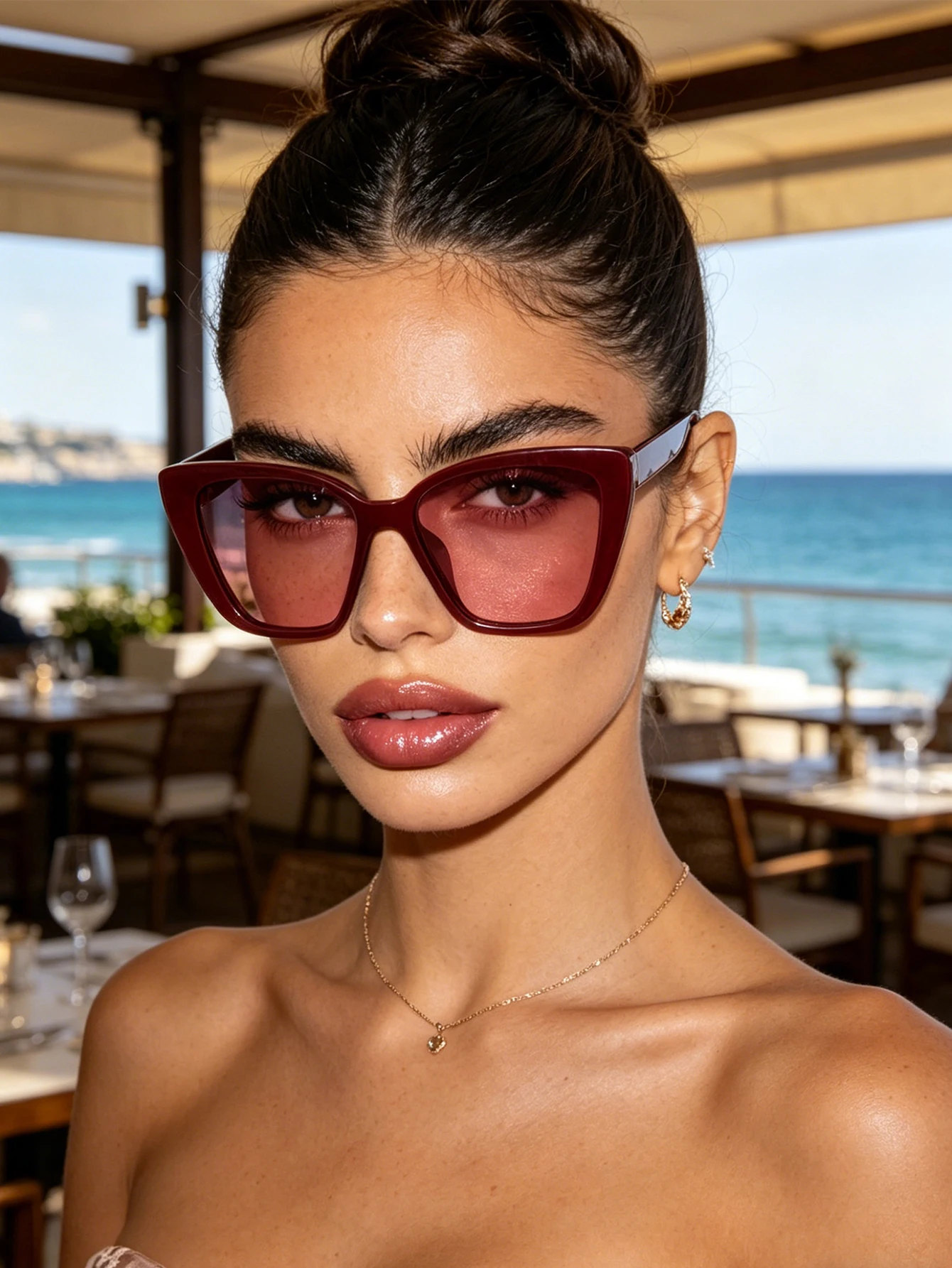 1 Stück neue hochwertige modische Cat-Eye-Sonnenbrille mit weinrotem Rahmen, süßer und cooler Stil, geeignet für Urlaub, Party, UV-Schutz