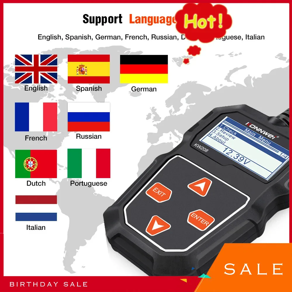 Тестер аккумулятора KONNWEI KW208, Автомобильный цифровой прибор для проверки емкости аккумуляторов, 12 В, 100-2000CCA