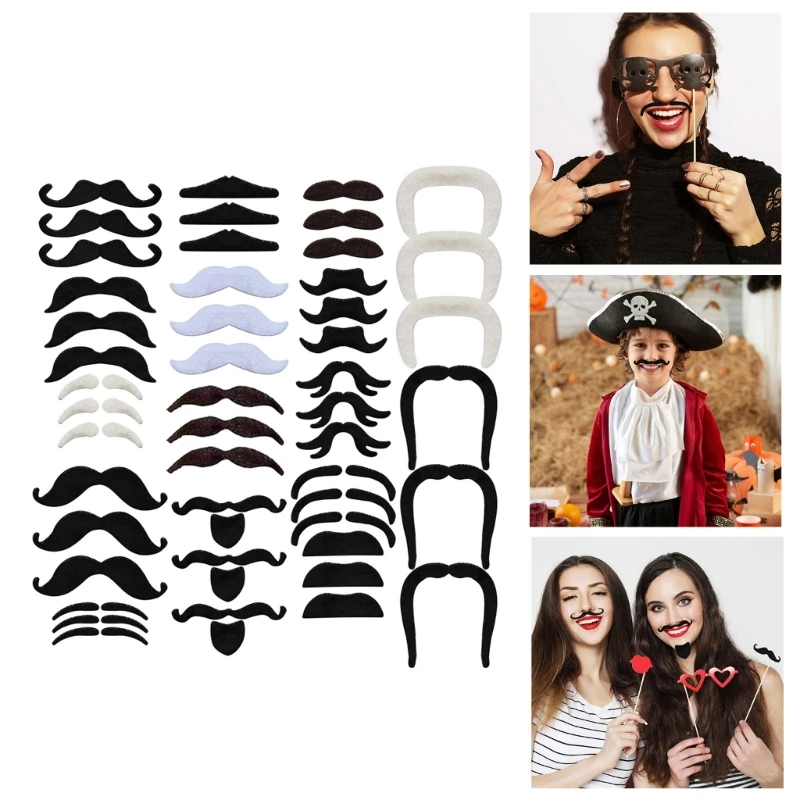 1-48Pcs Fake Beards Mustaches Set Self Adhesive Beard Mustaches Halloween Cosplay Costume Accessories for Women Men